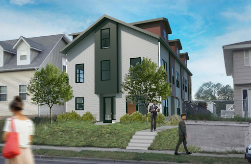 An architectural rendering of a multi-family home from the BLUU Housing Initiative