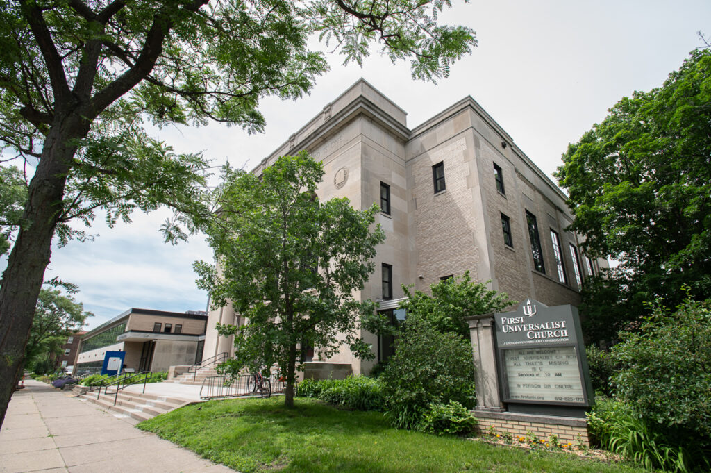 A photo of a large church building, First Universalist Church of Minneapolis