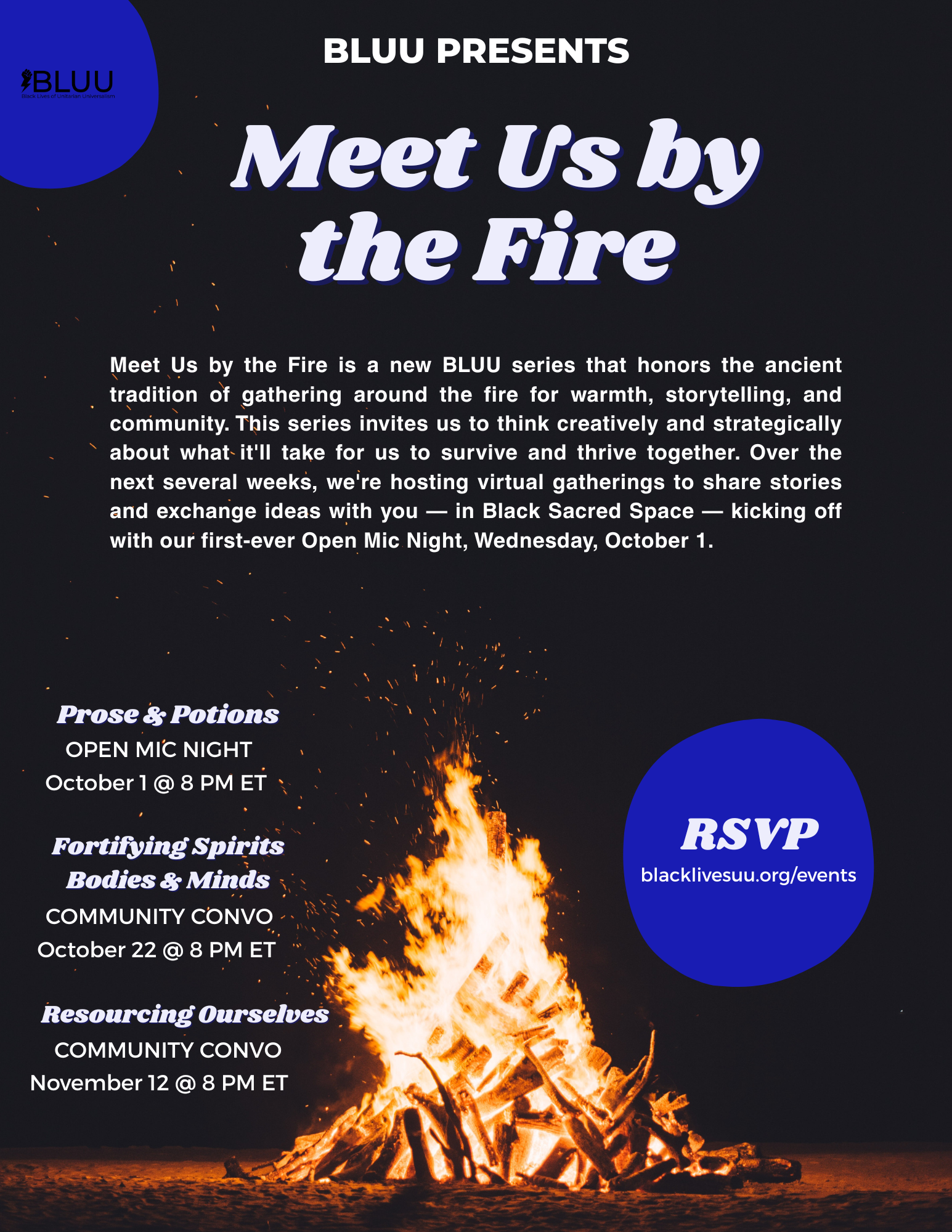 White words inviting folks to meet by the fire over a black background with a bonfire.