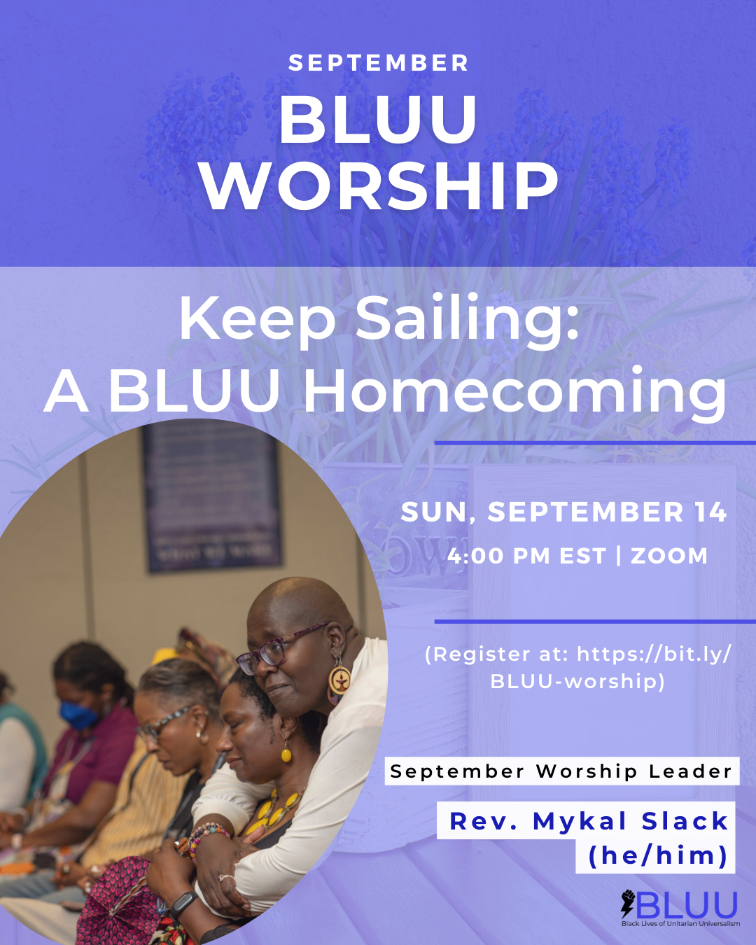 People embracing at a recent BLUU worship service over a blue background.