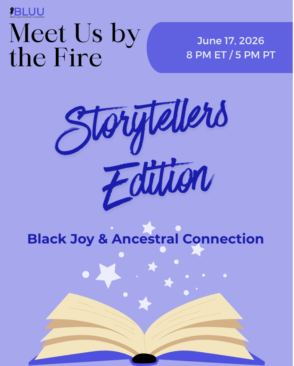 Event flyer with a purple background. Text reads: Meet Us by the Fire: Storytellers Edition. Black Joy & Ancestral Connection. June 17, 2026, 8 PM ET / 5 PM PT. An open book with magical sparkles is at the bottom.
