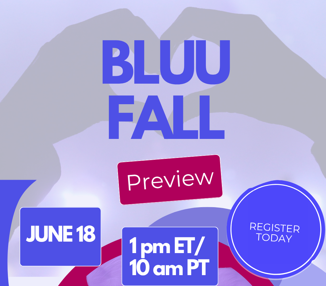 Digital flyer for BLUU Fall Preview event on June 18 at 1 pm ET/10 am PT, featuring new programs, staff changes, and big updates. Includes a Register Today button and the website BlackLivesUU.org/events.
