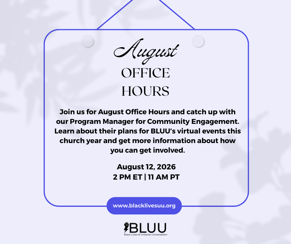 Announcement graphic for August Office Hours by BLUU, featuring event details for August 12, 2026, at 2 PM ET/11 AM PT, with a call to learn about virtual events and engagement. Website and BLUU logo are included.