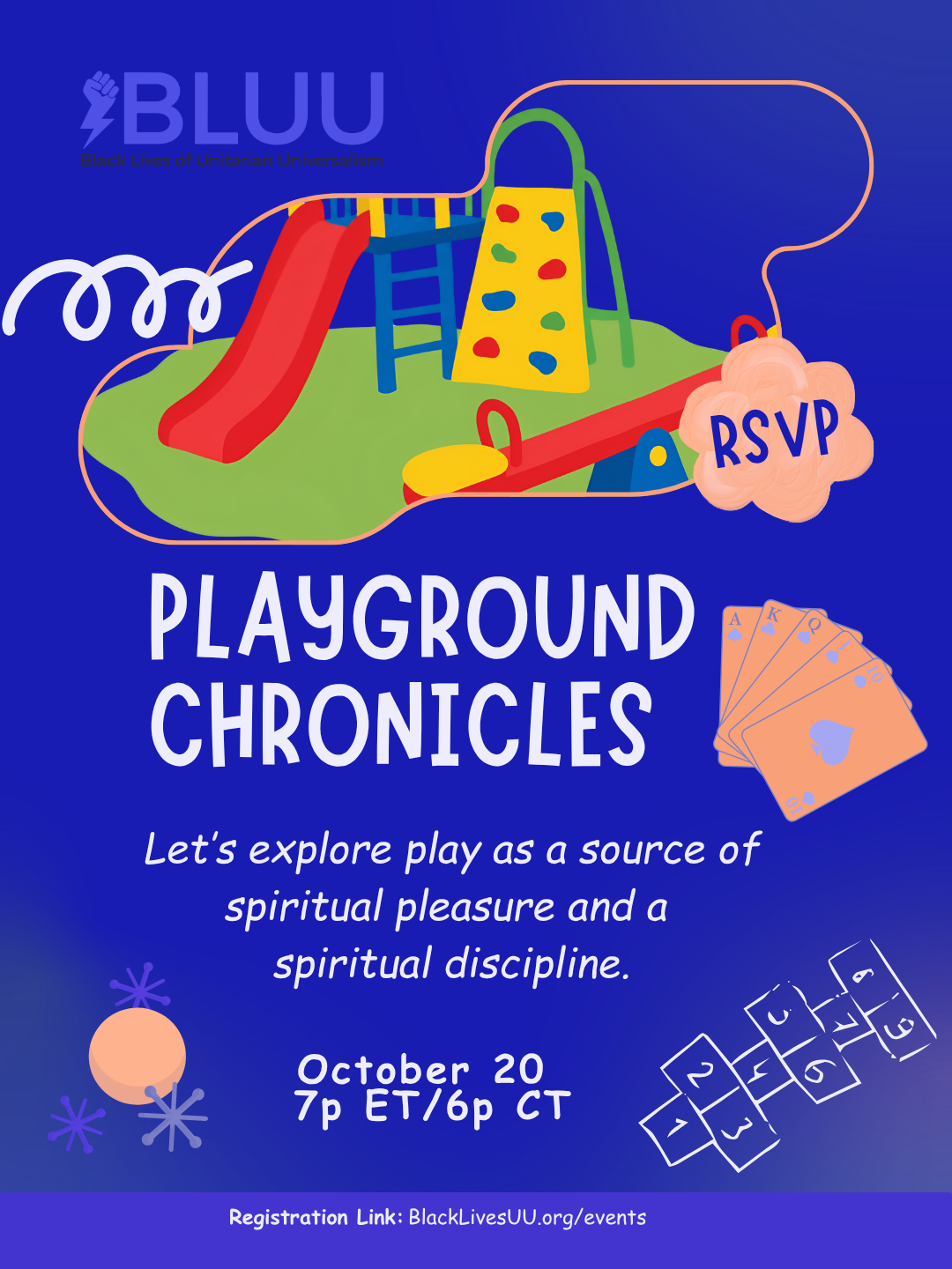 Colorful playground illustration with slides and climbing bars. Text reads: Playground Chronicles. Explore play as spiritual pleasure and discipline. October 20, 7p ET/6p CT. RSVP. Registration link: BlackLivesUU.org/events.